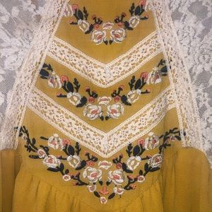 She & Sky Mustard Dress With Lace & Embroidery